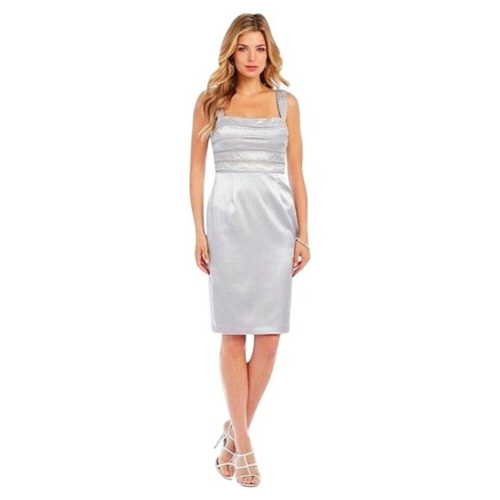 Adrianna Papell gray Embellished Shantung Sheath No Bolero XS small Cocktail